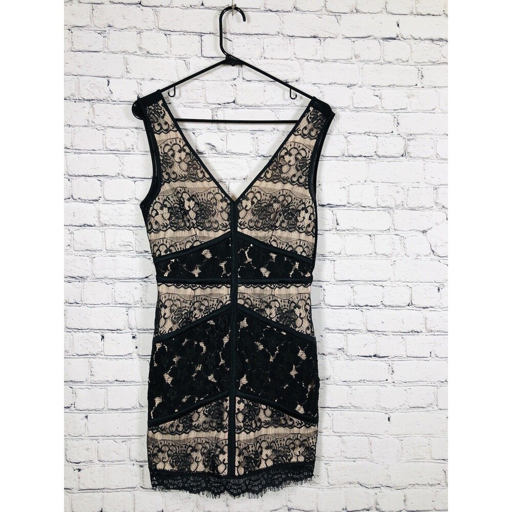Ark & Co Women Lace Overlay Bodycon‎ Dress V-Neck Geometric Black Tan Size M